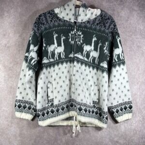 Andino Sweater Womens Size Small Gray Llama Full Zip Hoodie Wool Boho Fair Isle
